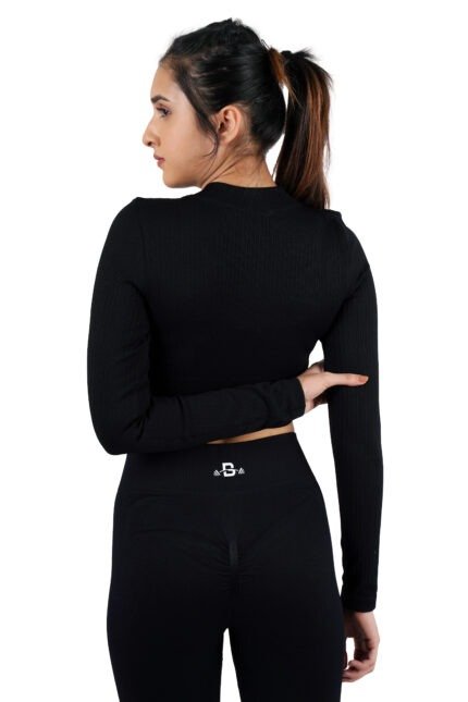 Pure Black Ribbed Long Sleeves Zipper Top